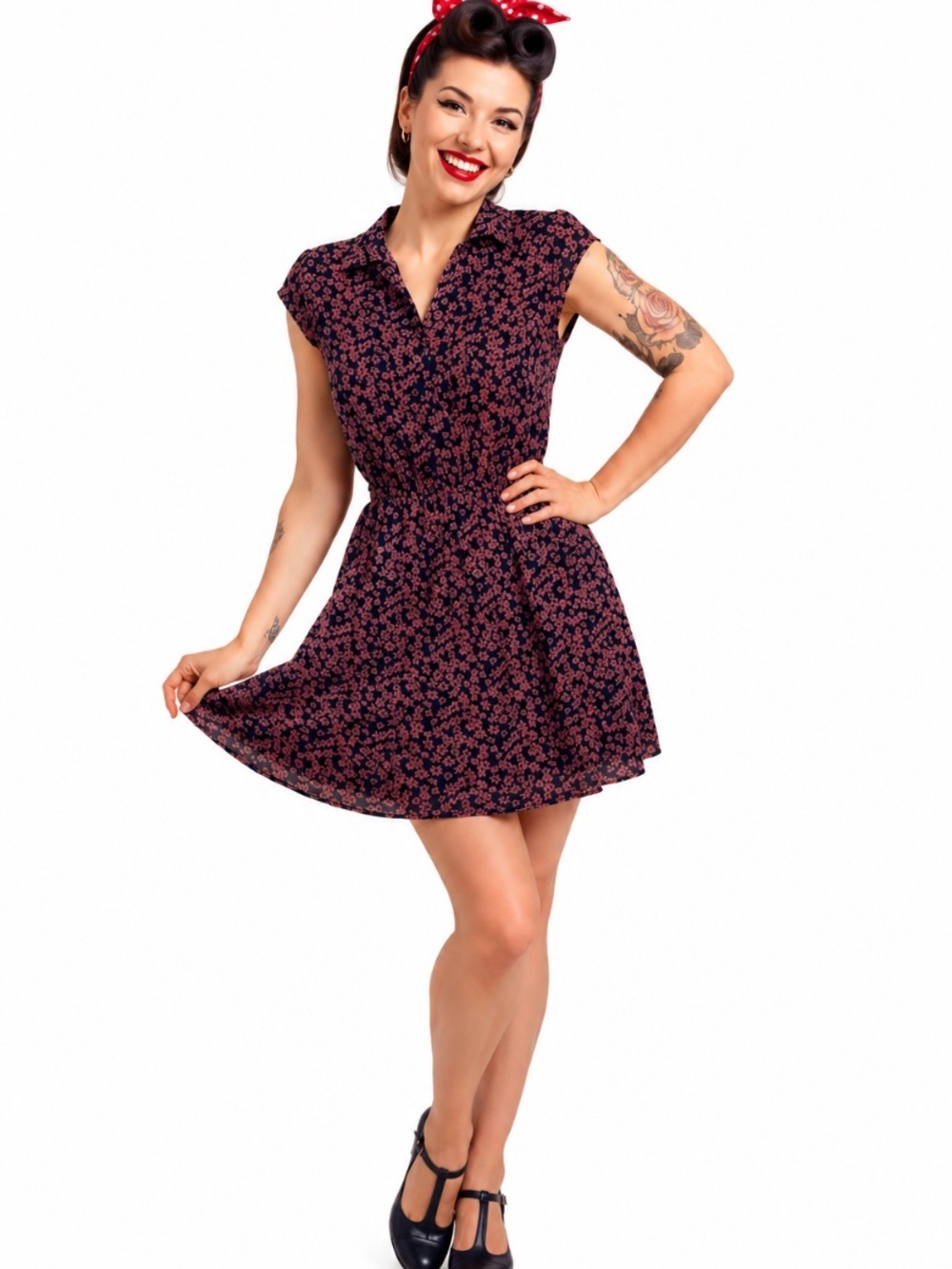 BeBop "NEW" Navy Blue & Brown Floral Cap Sleeve Cottagecore Mini Dress Size M
